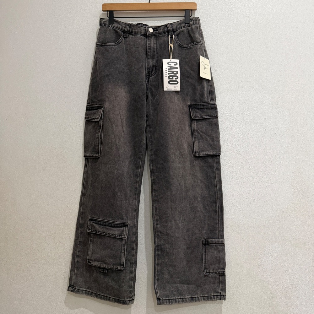 NEW Orange Kiss Essentials Cargo Pants Junior Size L Wide Leg Acid Wash Denim